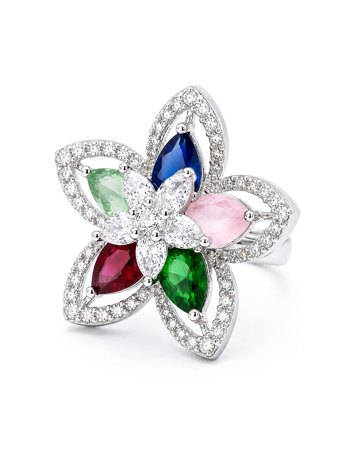 Rhodium Plated Multi AD Floral Finger Ring for Women