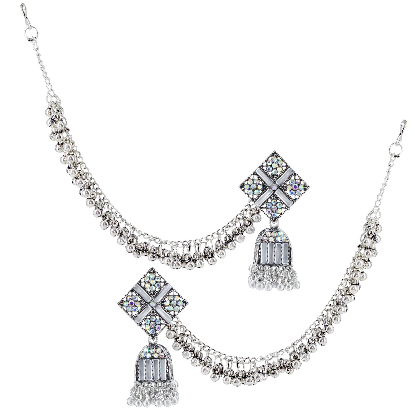 Silver Oxidised Rhinestone Studded Jhumka Earrings With Ear chain