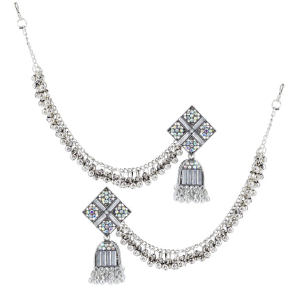 Silver Oxidised Rhinestone Studded Jhumka Earrings With Ear chain