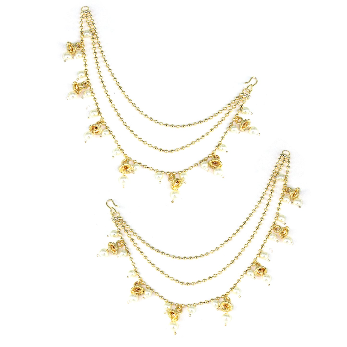 Gold-Plated 3-Layered Beads & 7 Jhumki Drop Ear Chain