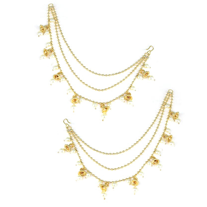 Gold-Plated 3-Layered Beads & 7 Jhumki Drop Ear Chain
