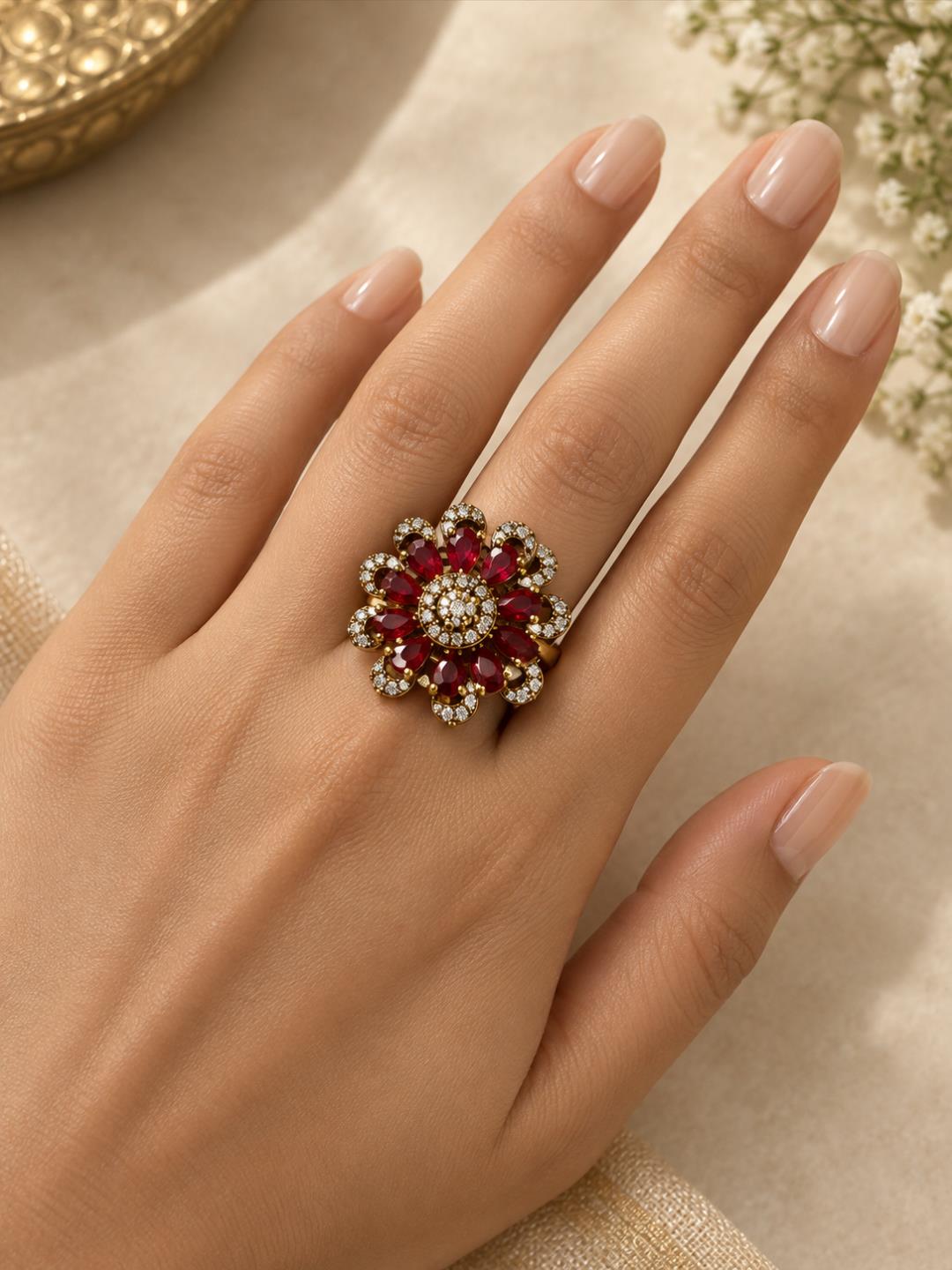 Antique Gold Plated Red AD Floral Finger Ring for Women