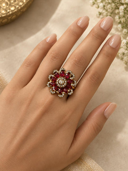 Antique Gold Plated Red AD Floral Finger Ring for Women