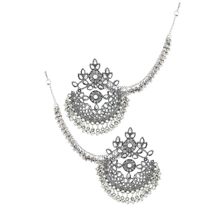 Silver-Oxidised Floral Chandbali Kundan Earrings With Ear Chain