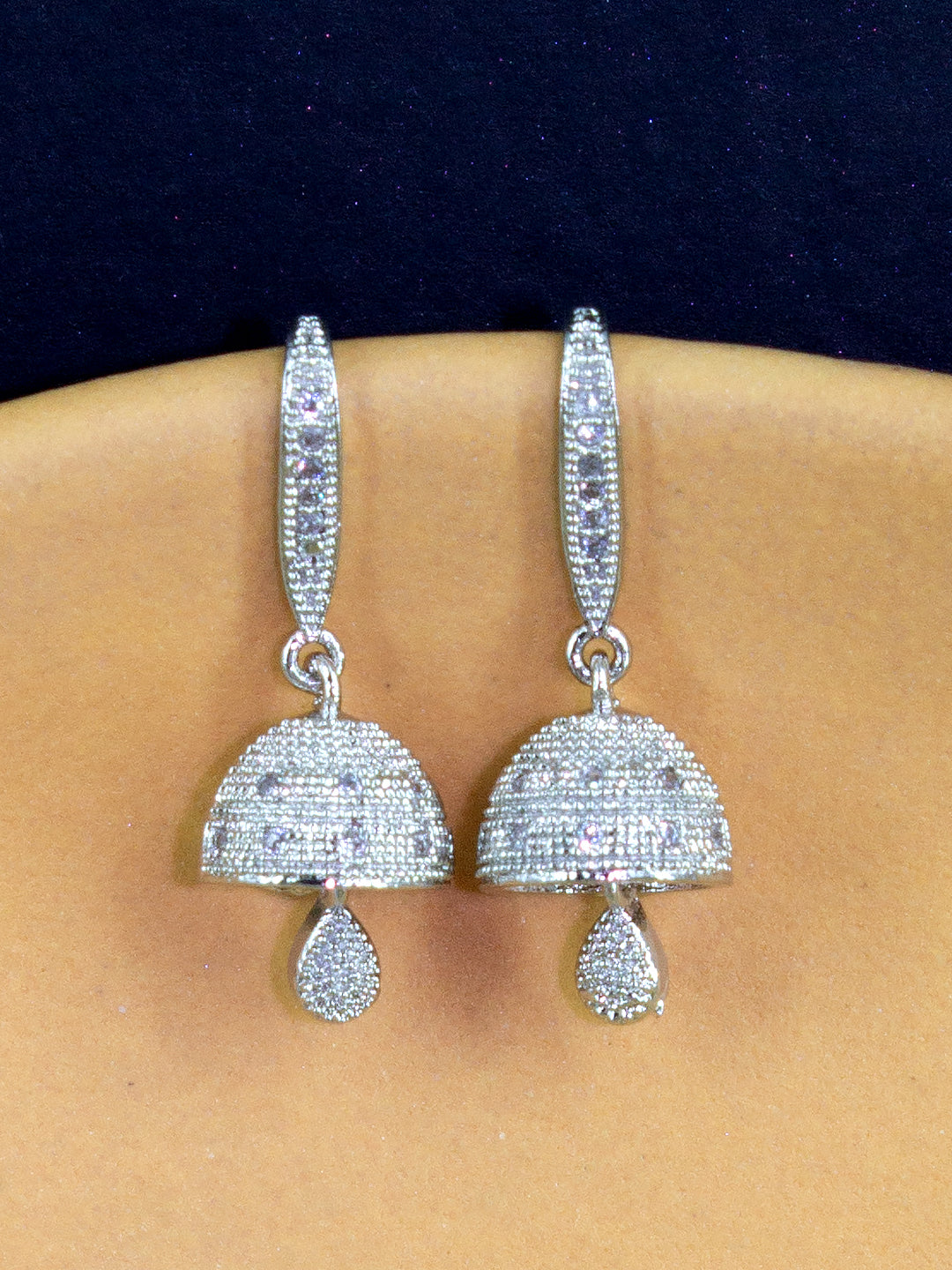 Silver Plated American Diamond Small Jhumki Drop Earring