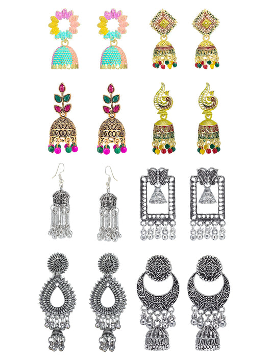 Pack of Eight Multicolour Jhumki & Drop Earrings