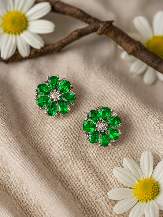Silver Plated Green Floral AD Stud Earrings For Women