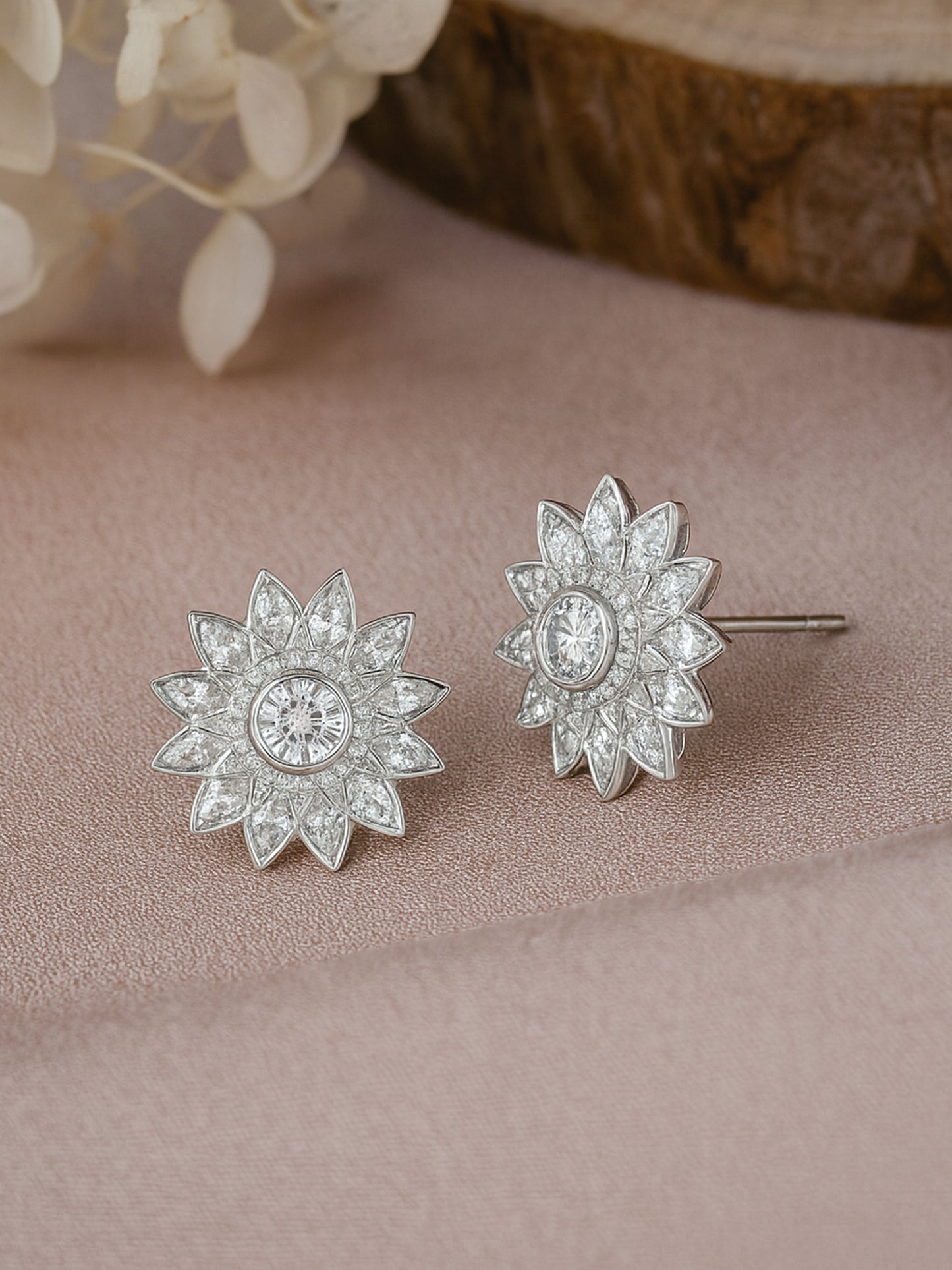 Silver Plated Floral AD Stud Earrings For Women