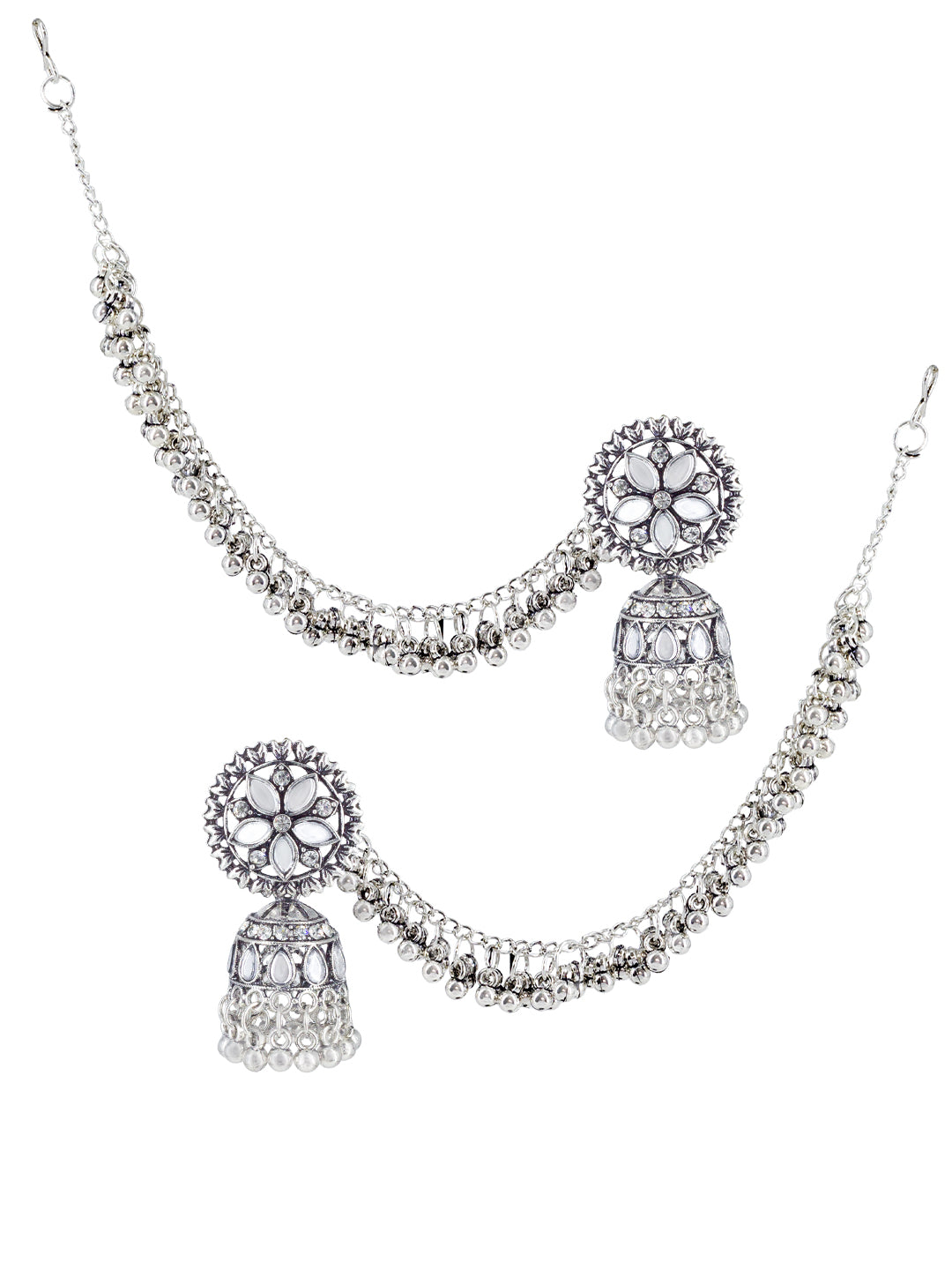 Silver-Oxidised Floral Mirror-Studded Jhumka Earrings With Hair Chain