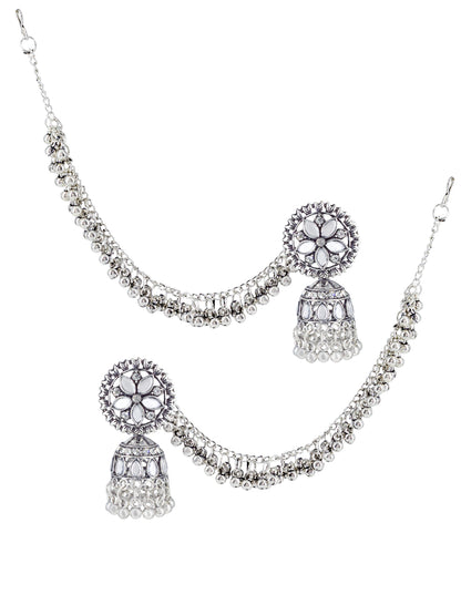 Silver-Oxidised Floral Mirror-Studded Jhumka Earrings With Hair Chain