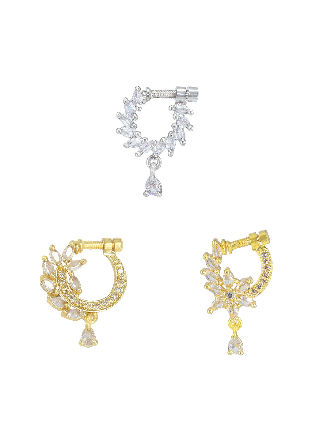 Set of Three Rhodium & Gold Plated American Diamond Non Piercing Nosepin