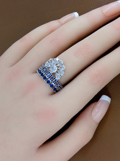 Silver-Plated American-Diamond Studded Floral Design Adjustable Finger Ring