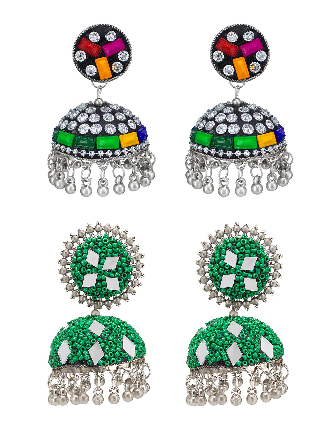 Pack of 2 Silver-Plated Stones Studded and Beaded Dome Shaped Jhumkas