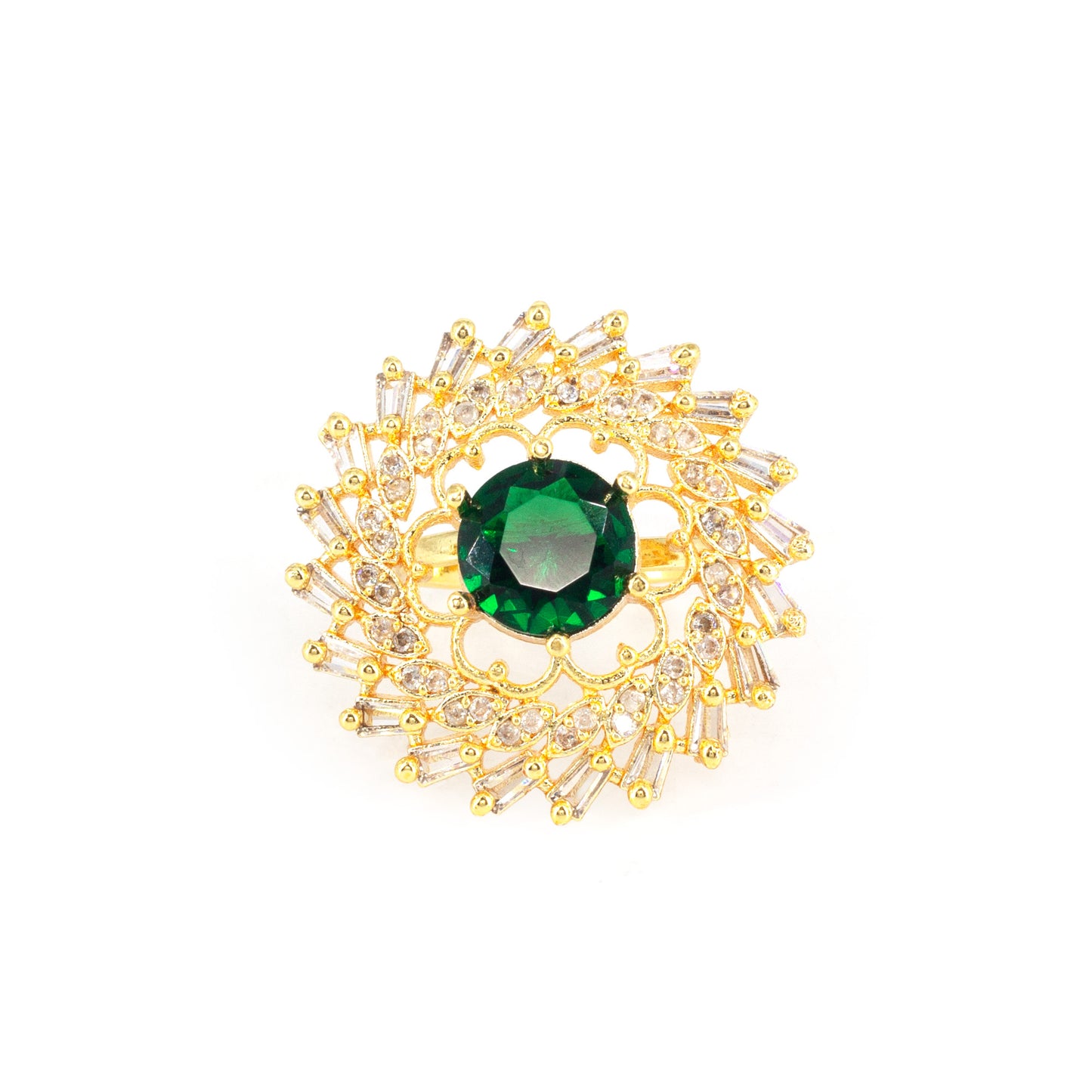 Gold Plated Green AD Adjustable Floral Ring for Women