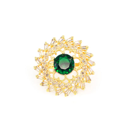 Gold Plated Green AD Adjustable Floral Ring for Women