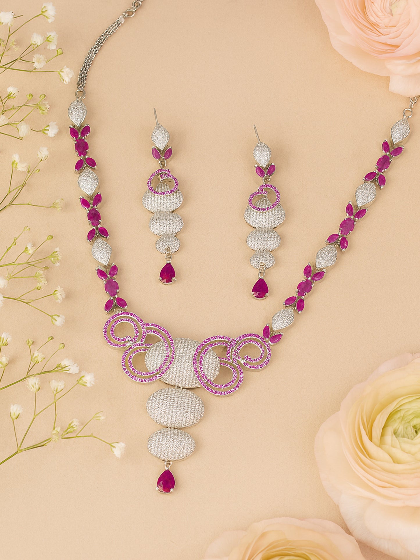 American Diamond Circular Design Pink Drop Jewellery Set For Women And Girls