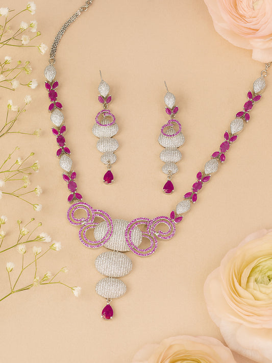 American Diamond Circular Design Pink Drop Jewellery Set For Women And Girls