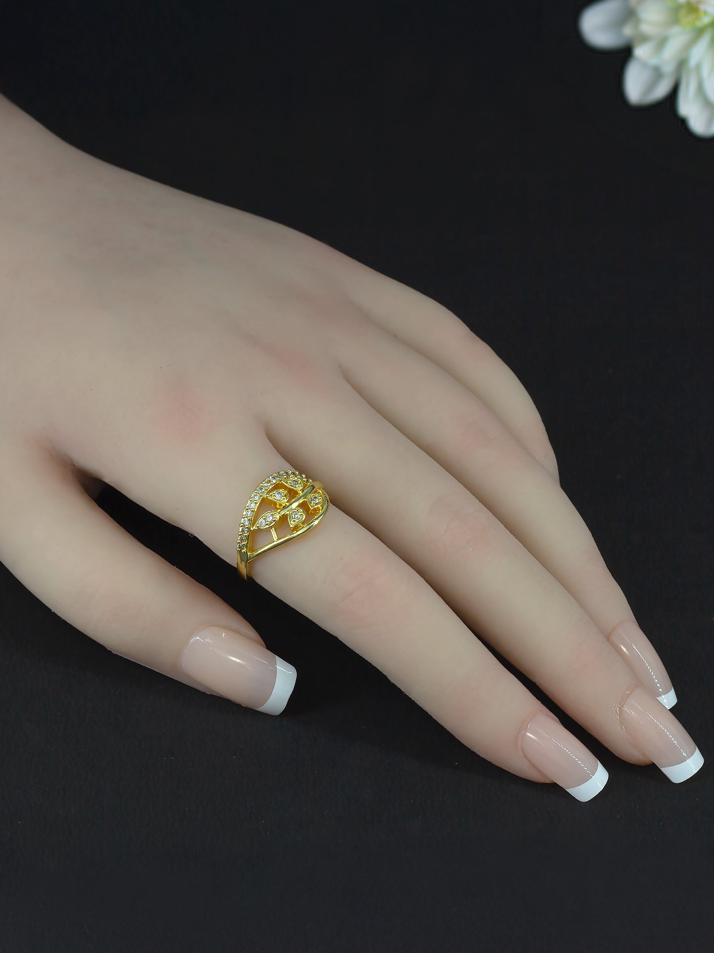 Gold Plated AD Leaf Traditional Adjustable Ring for Women