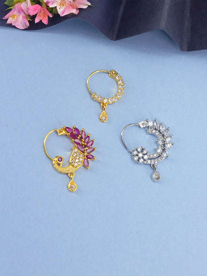 Set of Three Rhodium & Gold Plated American Diamond Nosepin