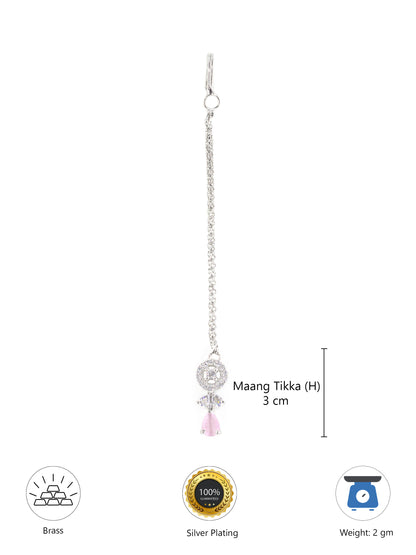 Silver Plated Pink AD Maang Tikka for Women