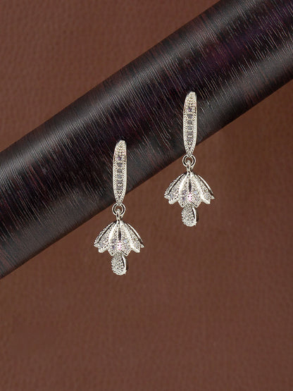 Silver Plated American Diamond Small Flower Shaped Drop Jhumka Earring