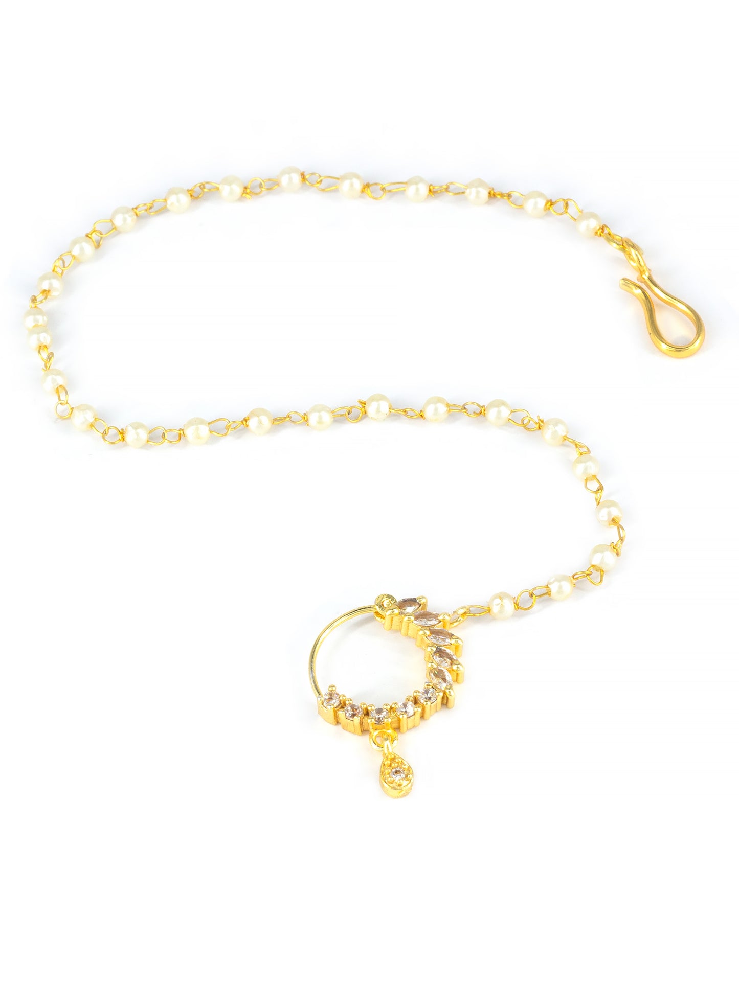 Gold Plated American Diamond & Pearl Beaded Chained Nose ring