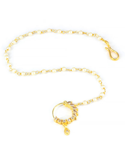 Gold Plated American Diamond & Pearl Beaded Chained Nose ring