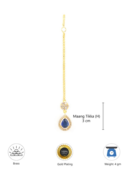 Gold Plated Blue AD Teardrop Maang Tikka for Women