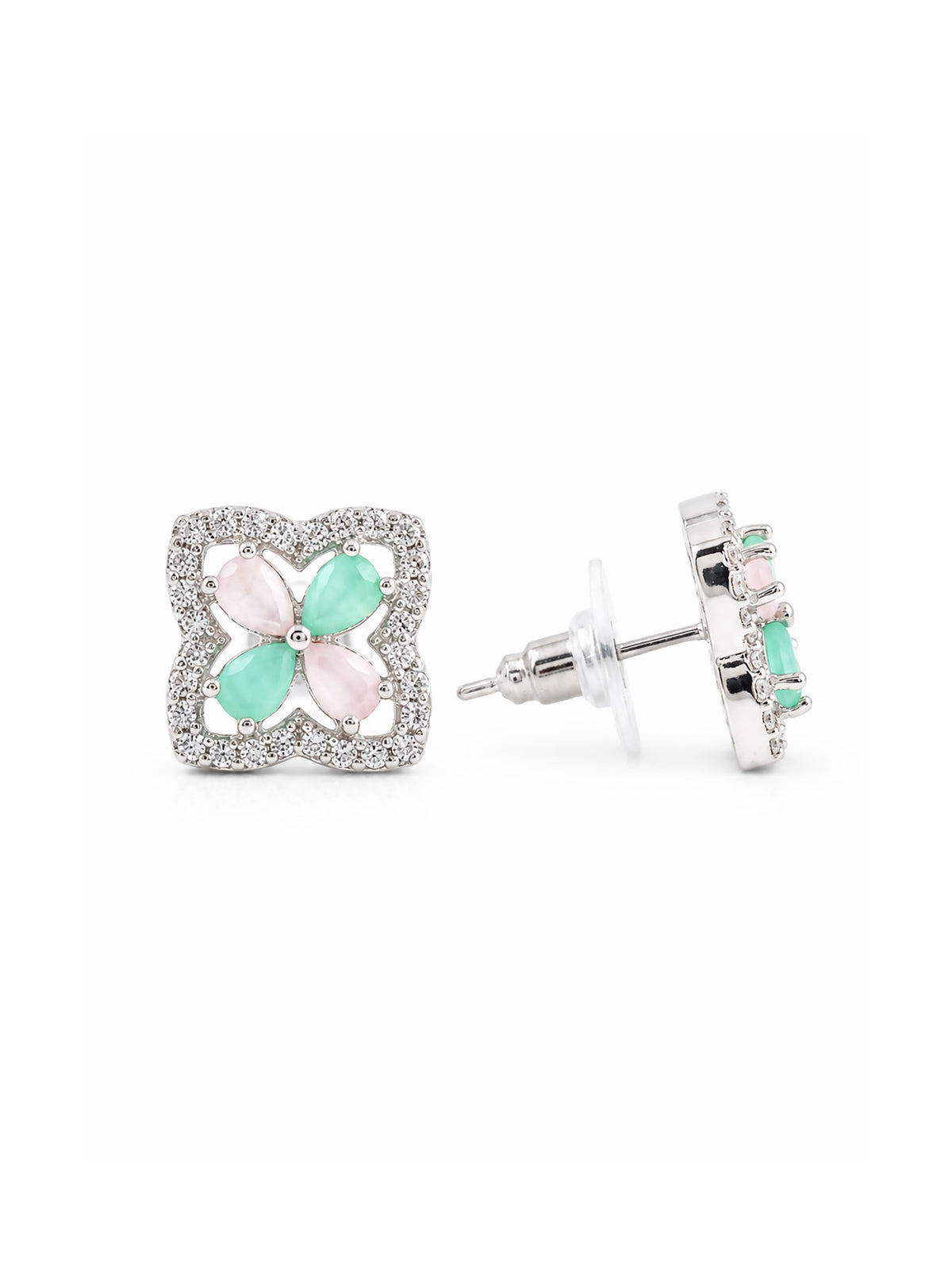 Rhodium Plated Green & Pink AD Stud Earrings for Women