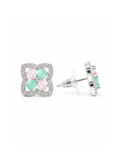 Rhodium Plated Green & Pink AD Stud Earrings for Women