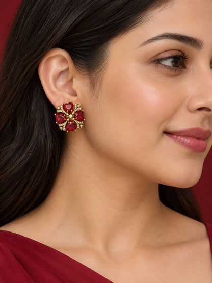 South Indian Gold Plated Red AD Floral Stud Earrings for Women