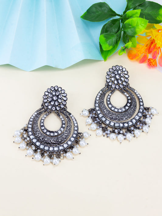 Floral Chandbaali Kundan & Beads Drop Earrings