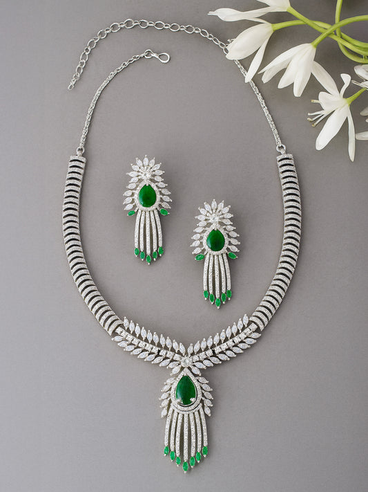 American Diamond Studded Green Jewellery Set For Women And Girls
