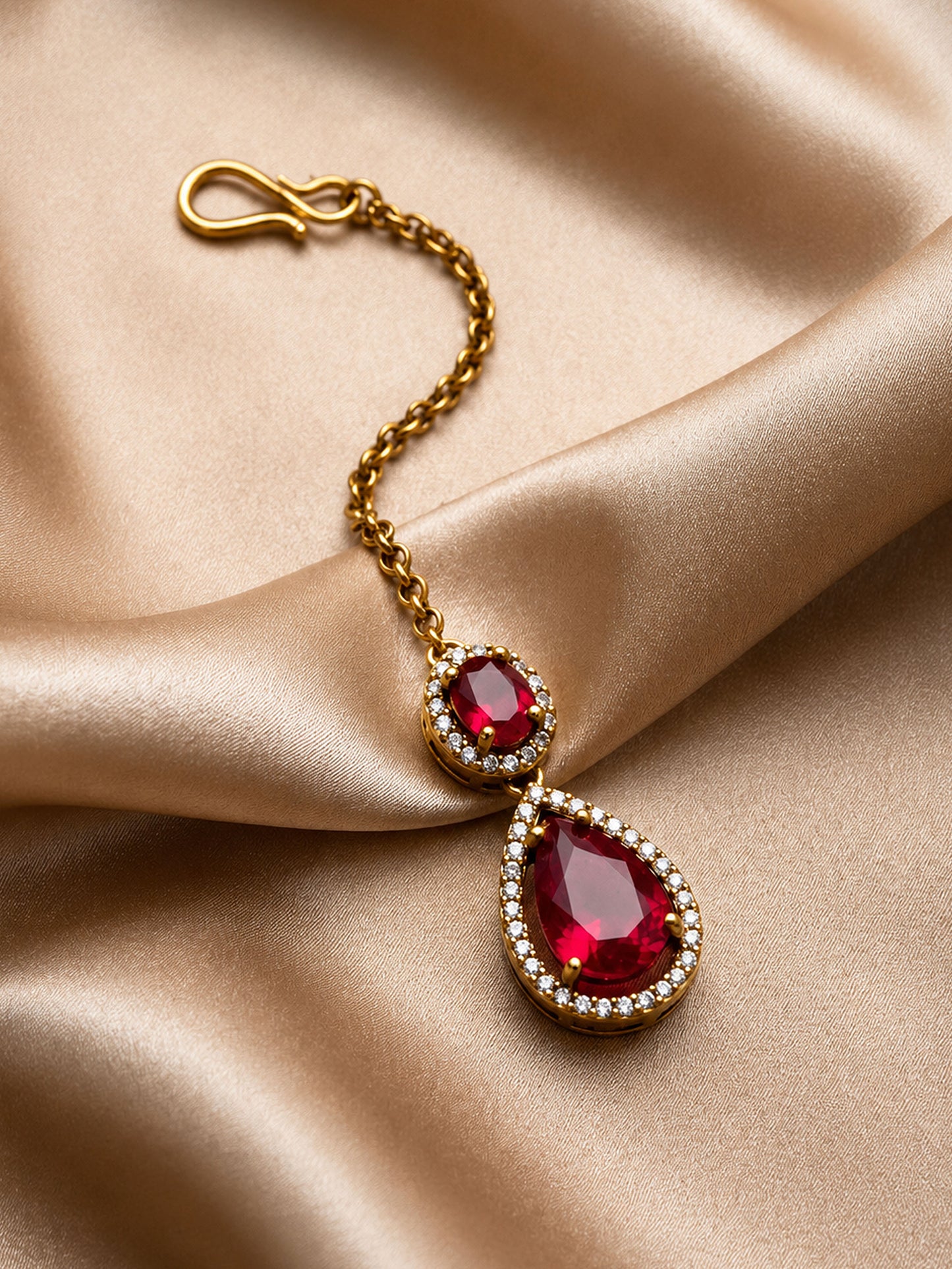 Antique Gold Plated Red AD Maang Tikka for Women
