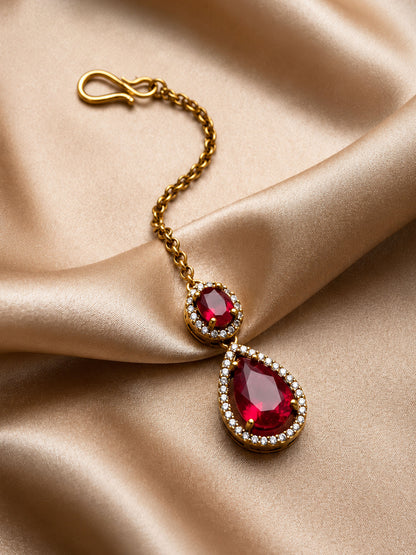 Antique Gold Plated Red AD Maang Tikka for Women
