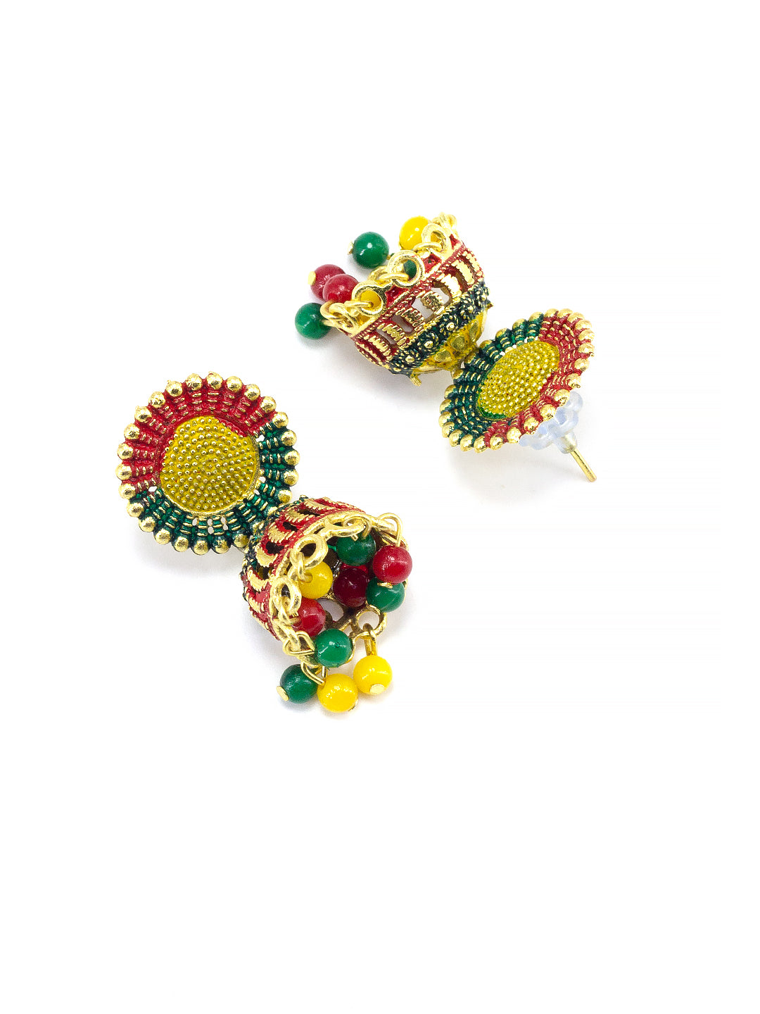 Gold Plated Circular Multi Color Artificial Beaded Jhumki Earrings