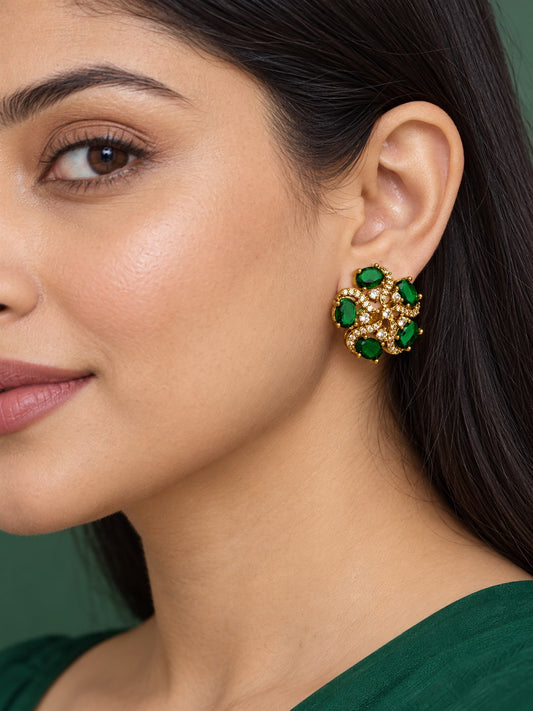 South Indian Gold Plated Green AD Floral Stud Earrings for Women