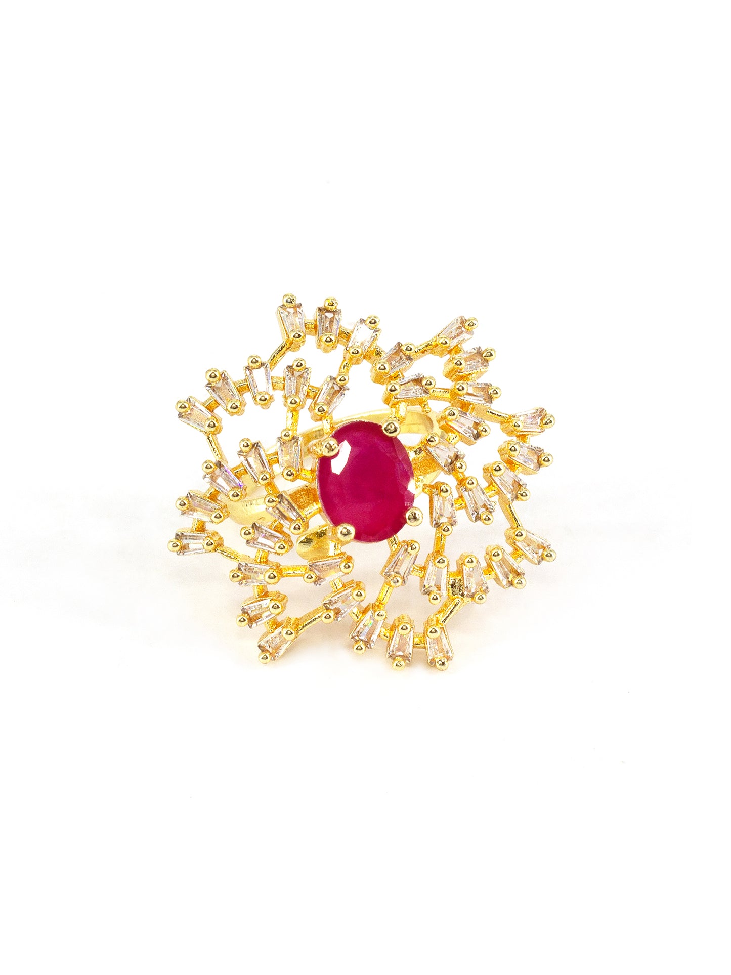 Gold Plated White & Red American Diamond Floral Ring