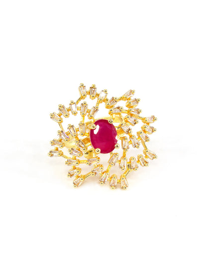 Gold Plated White & Red American Diamond Floral Ring