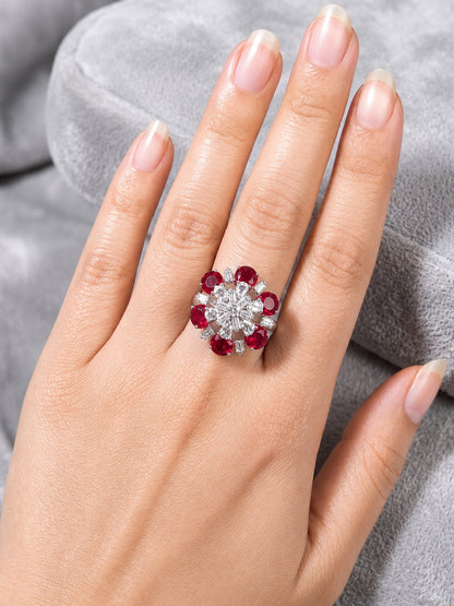 Silver Plated Red AD Floral Finger Ring for Women