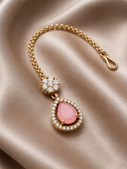 Antique Gold Plated Pink AD Maang Tikka for Women