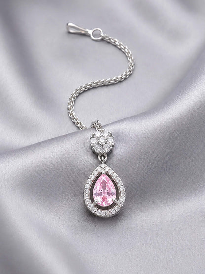 Silver Plated Pink AD Maang Tikka for Women