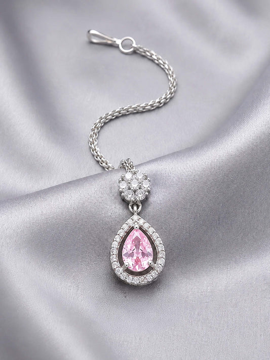 Silver Plated Pink AD Maang Tikka for Women