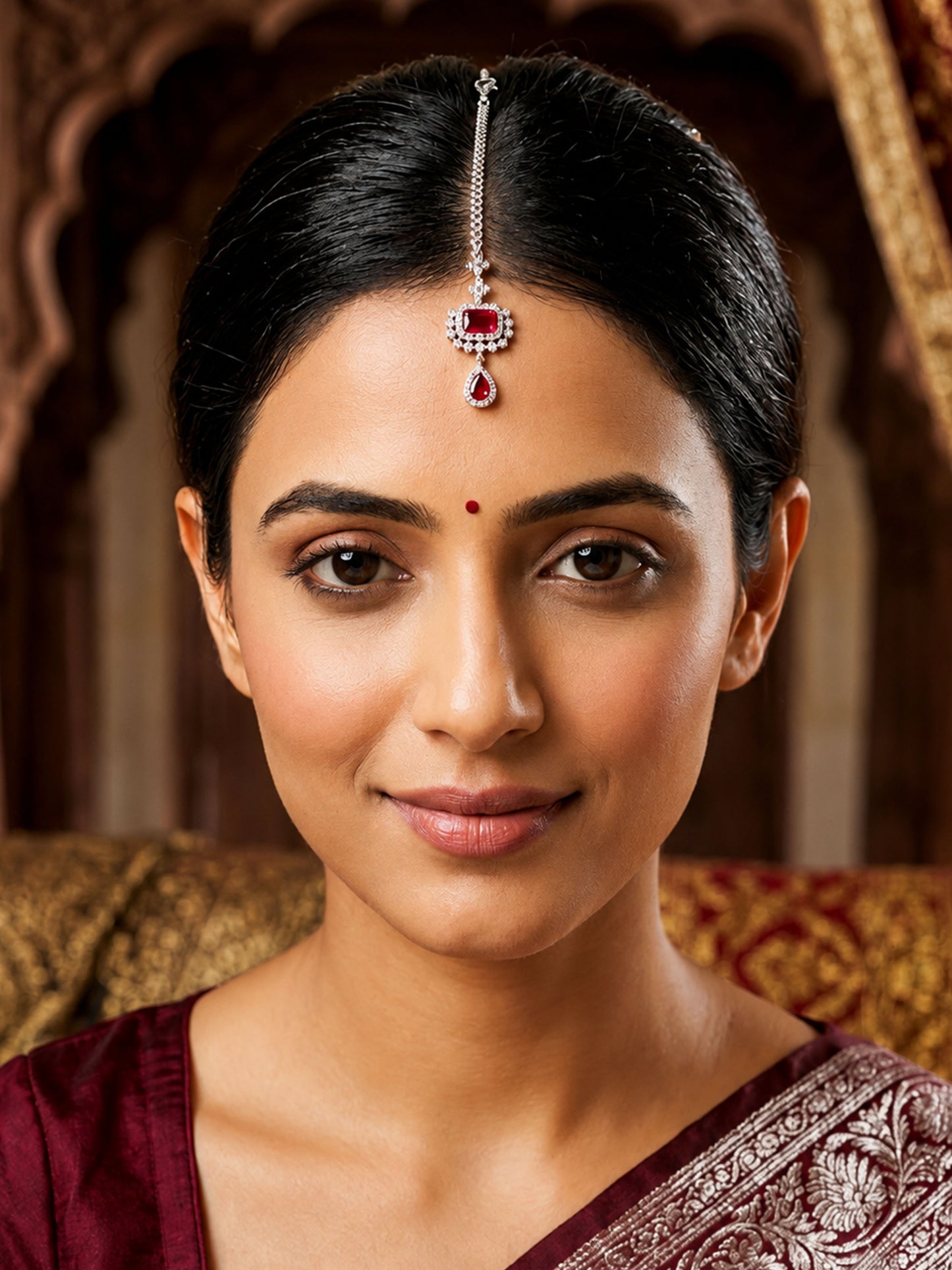 Silver Plated Red AD Maang Tikka for Women