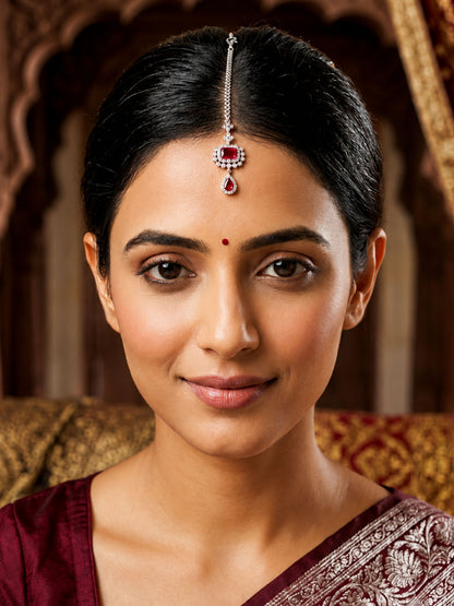 Silver Plated Red AD Maang Tikka for Women