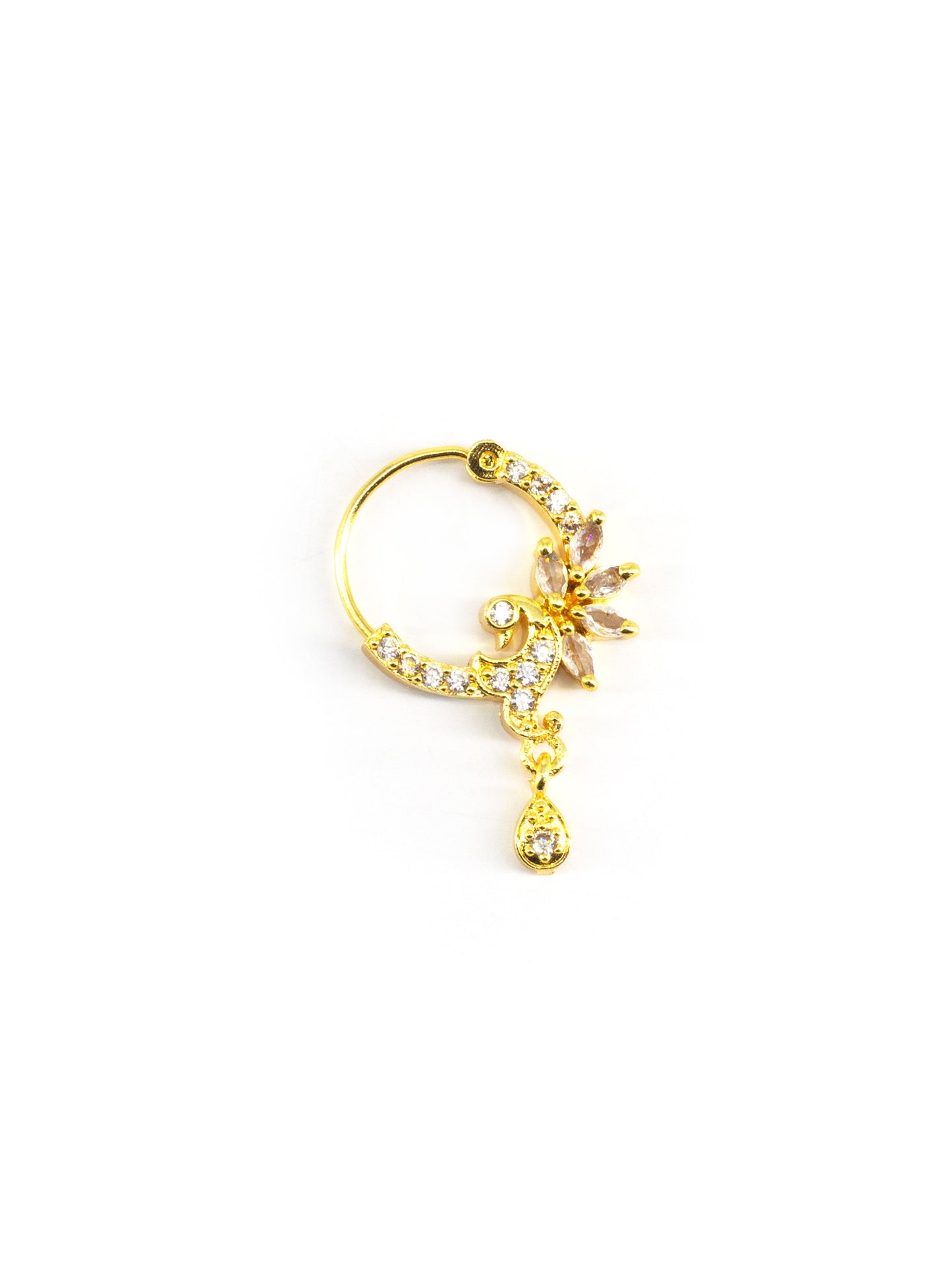 Gold Plated White AD Peacock Nose Ring for Women