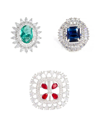 Pack of 3 Red Blue and Green Statement AD-Studded Adjustable Ring