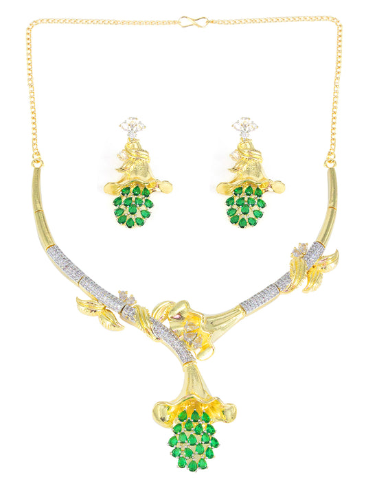 Gold Plated AD Green Floral Jewellery Set for Women