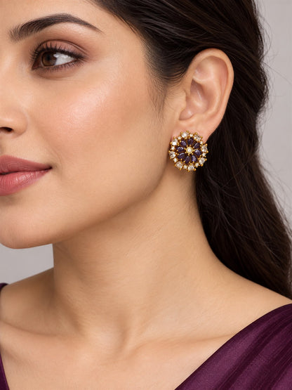 South Indian Gold Plated Purple AD Floral Stud Earrings for Women