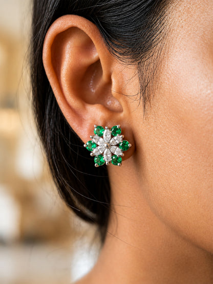 Rhodium Plated Green AD Floral Stud Earrings for Women
